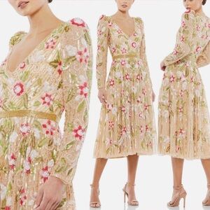 NWT Mac Duggal Long Sleeve Floral Sequined Beaded A-line Midi Dress